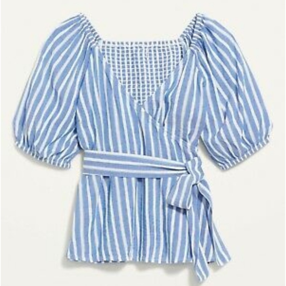 Old Navy wrap puff sleeve top in blue and white stripe with smocking.